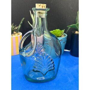 Vintage Green Tinted Glass Bottle With Cork Stopper & Embossed Leaf Design